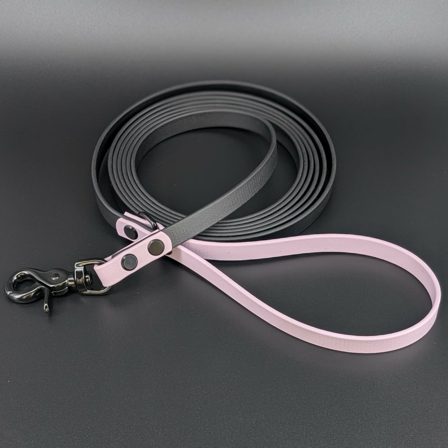 black and lavender biothane dog leash