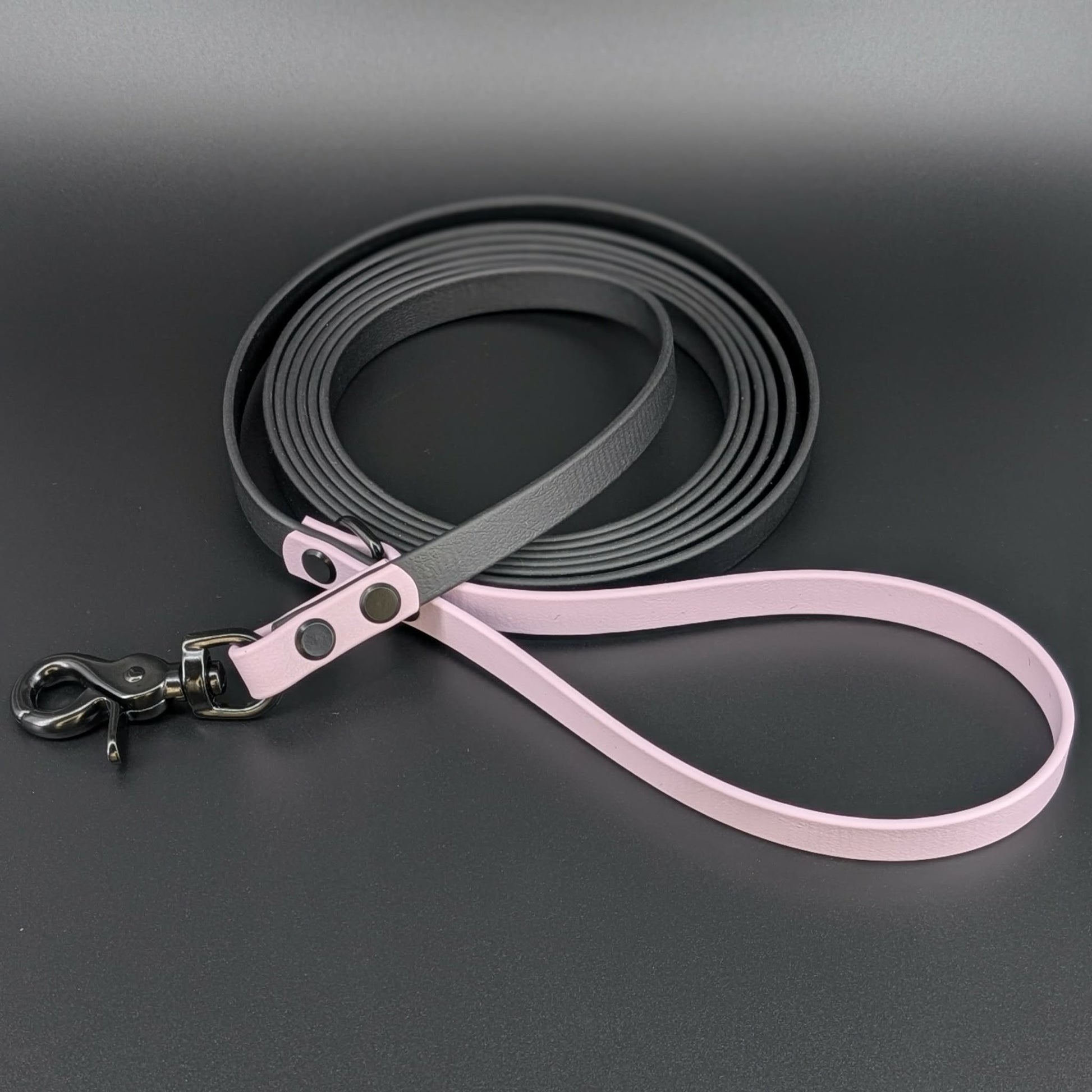 black and lavender biothane dog leash