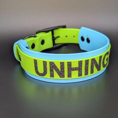 blue and green layered biothane dog collar unhinged
