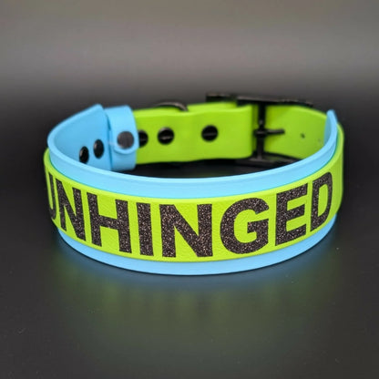 blue and green layered biothane dog collar with unhinged text