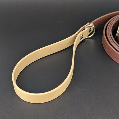 brown and tan biothane leash with silver hardware