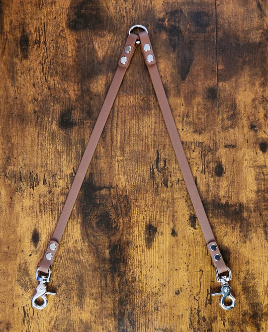 brown biothane dog leash coupler for walking two dogs