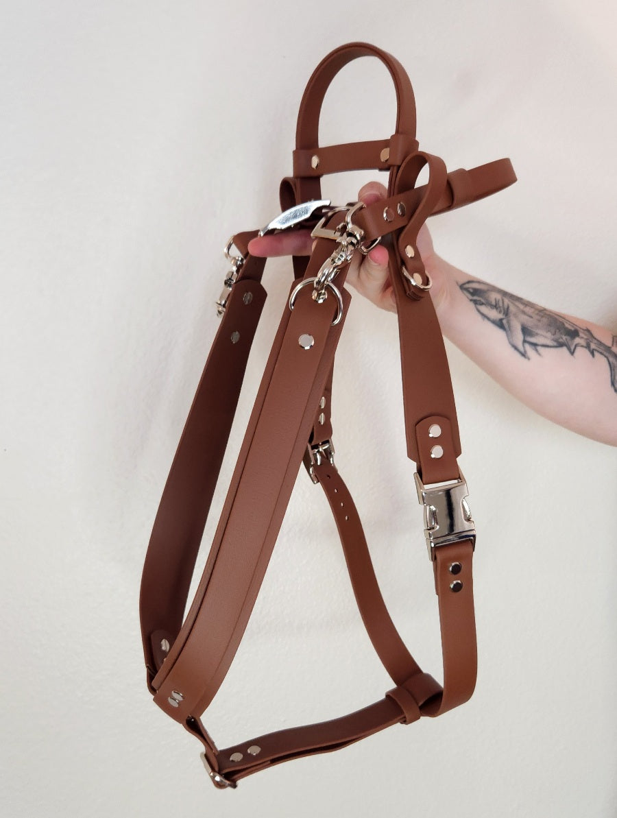 brown biothane dog mobility harness with counterbalance handle and pull strap