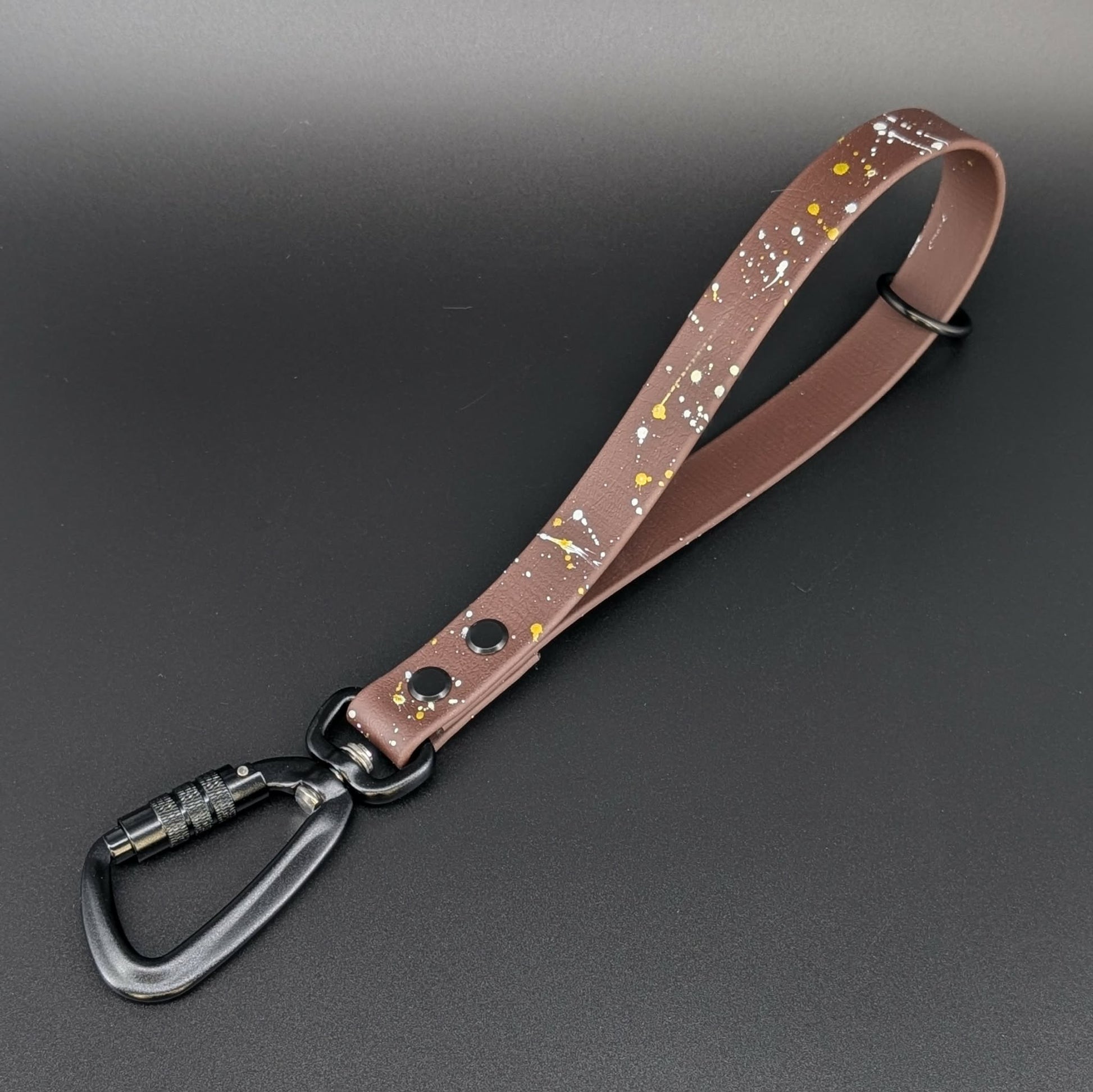 brown biothane traffic lead with splatter paint and carabiner clip