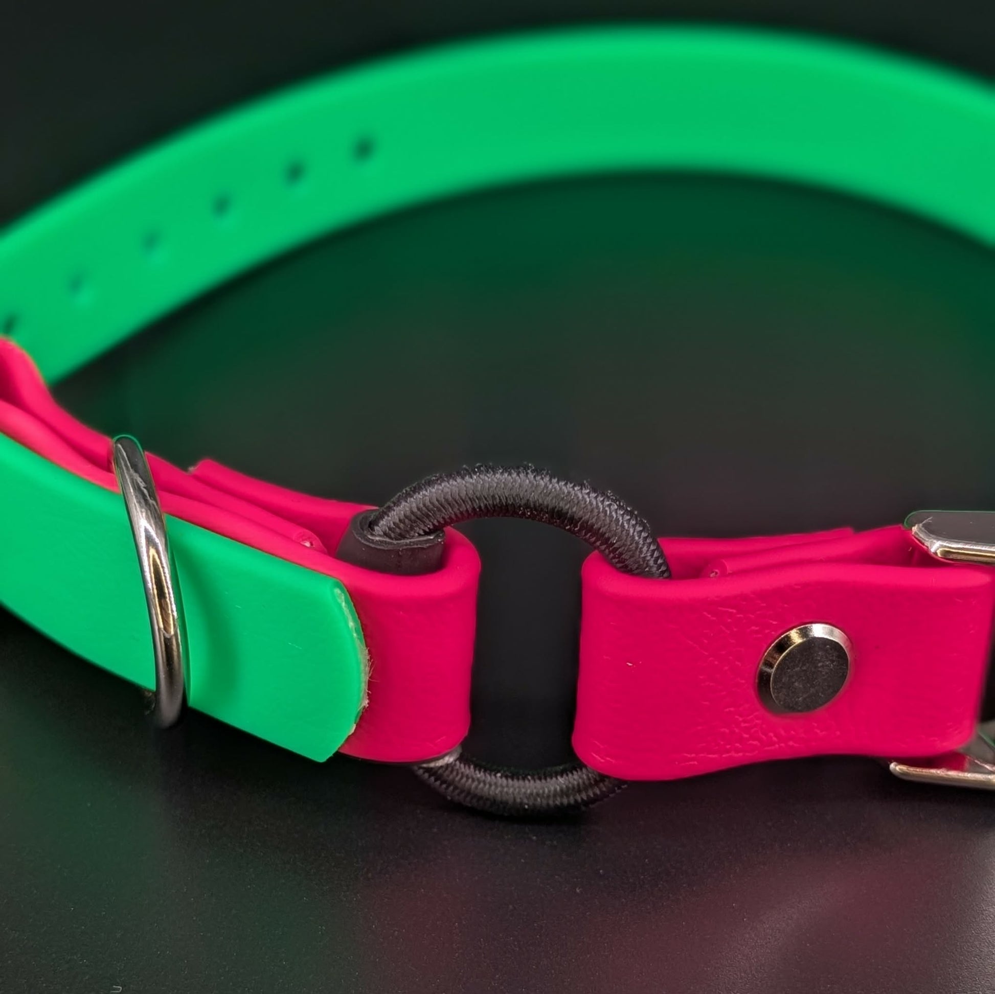 bungee e-collar strap made with light green and pink biothane