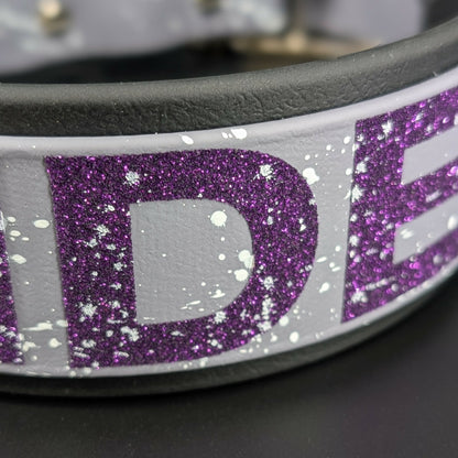 closeup of glitter text and splatter paint on ace pride biothane dog collar