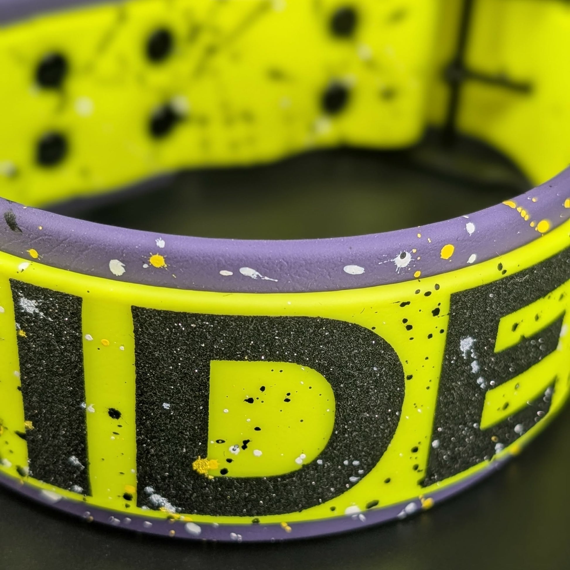 closeup of glitter text and splatter paint on nonbinary pride dog collar