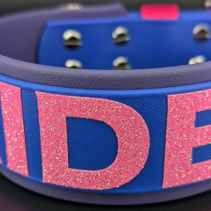 closeup of glitter text on bi pride dog collar