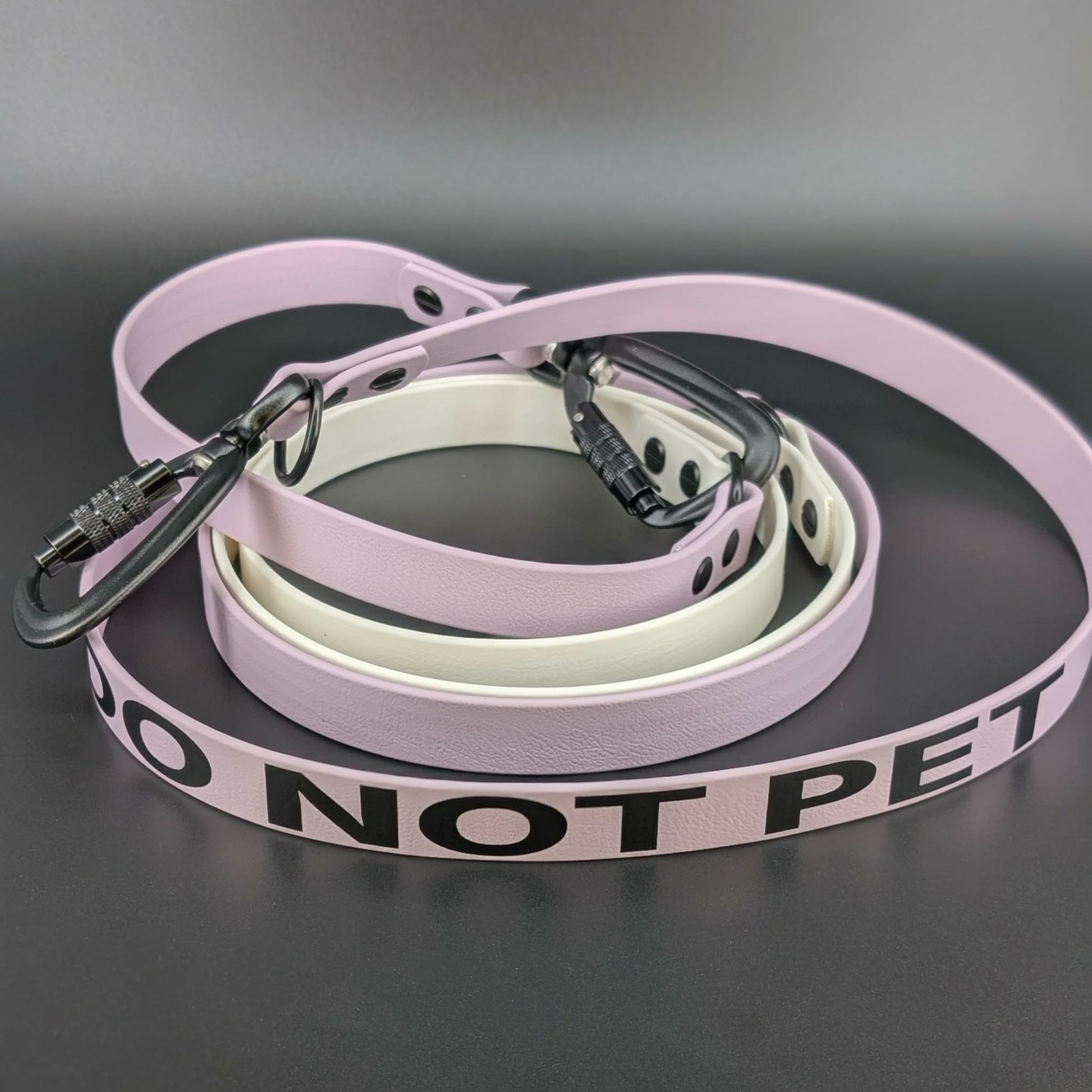 convertible over the shoulder hands free dog leash made from white and lavender biothane with do not pet text and auto locking carabiner clips