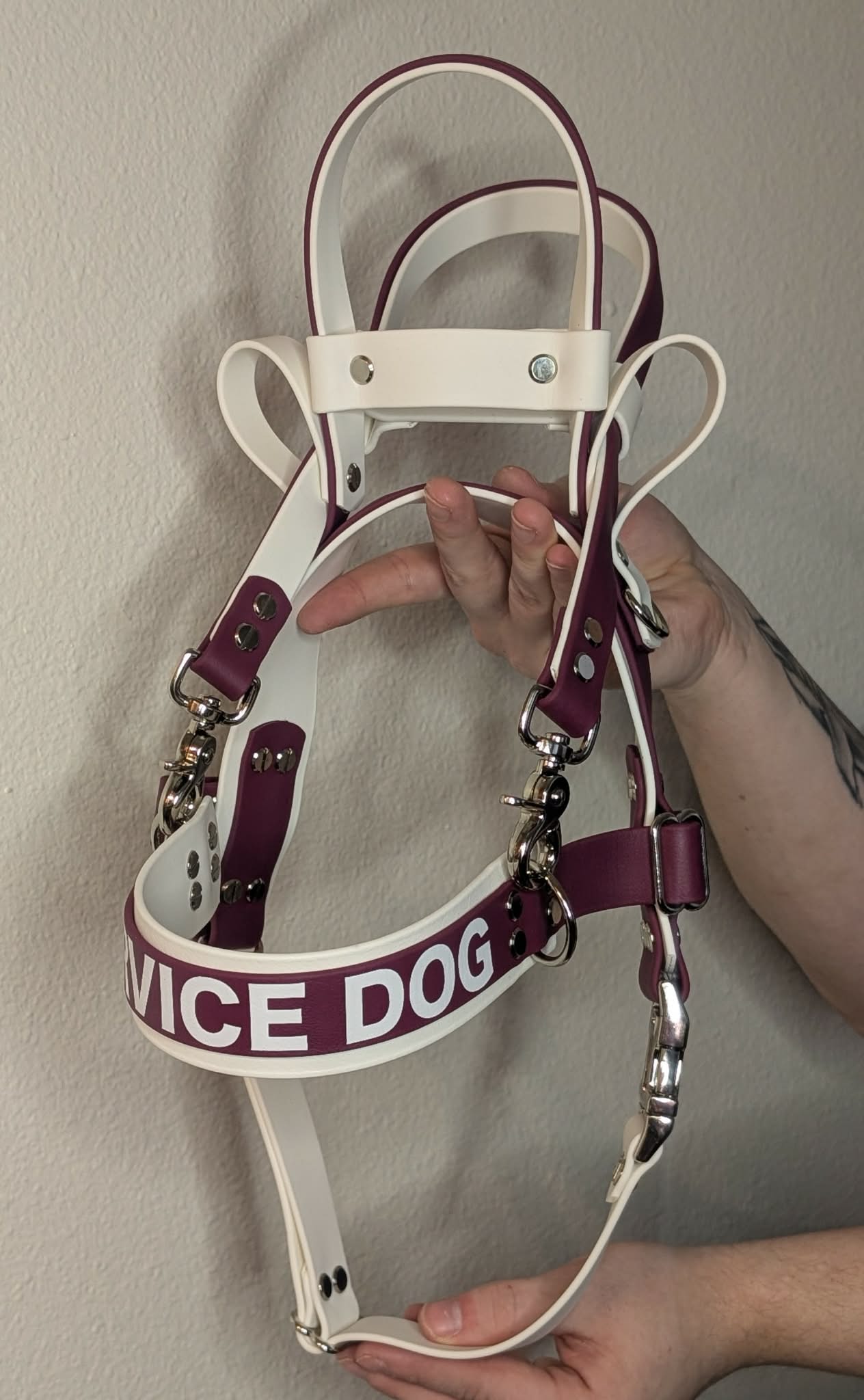 counterbalance harness in wine and white biothane