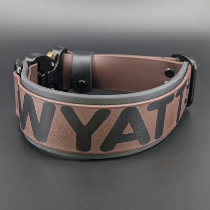 custom 2 inch wide black and dark brown layered biothane dog collar with black quick release cobra buckle and personalized text