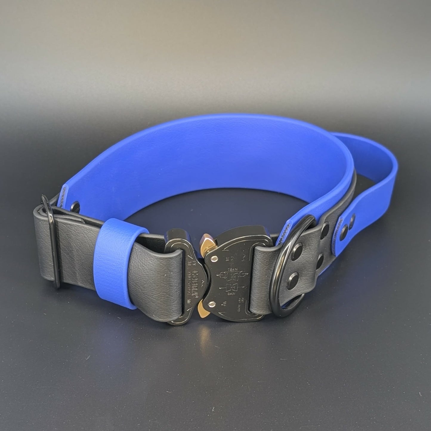 custom 2 inch wide tactical handle biothane collar with cobra buckle and personalized text
