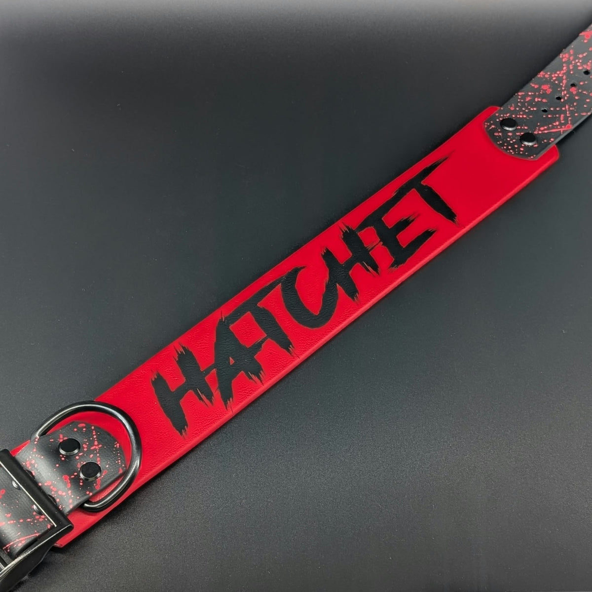 custom 2 inch wide tapered biothane dog collar with personalized text and splatter paint