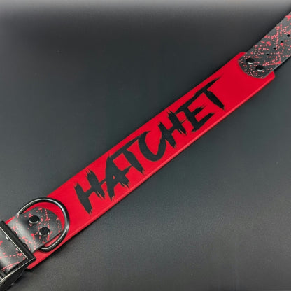custom 2 inch wide tapered biothane dog collar with personalized text and splatter paint