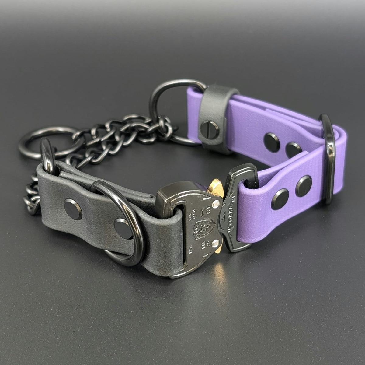 custom black and purple biothane chain martingale dog collar with black quick release cobra buckle