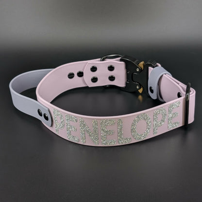 custom glitter text on biothane tactical handle collar with cobra buckle