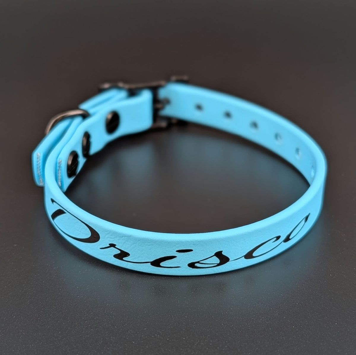 custom half inch wide light blue biothane collar with personalized text