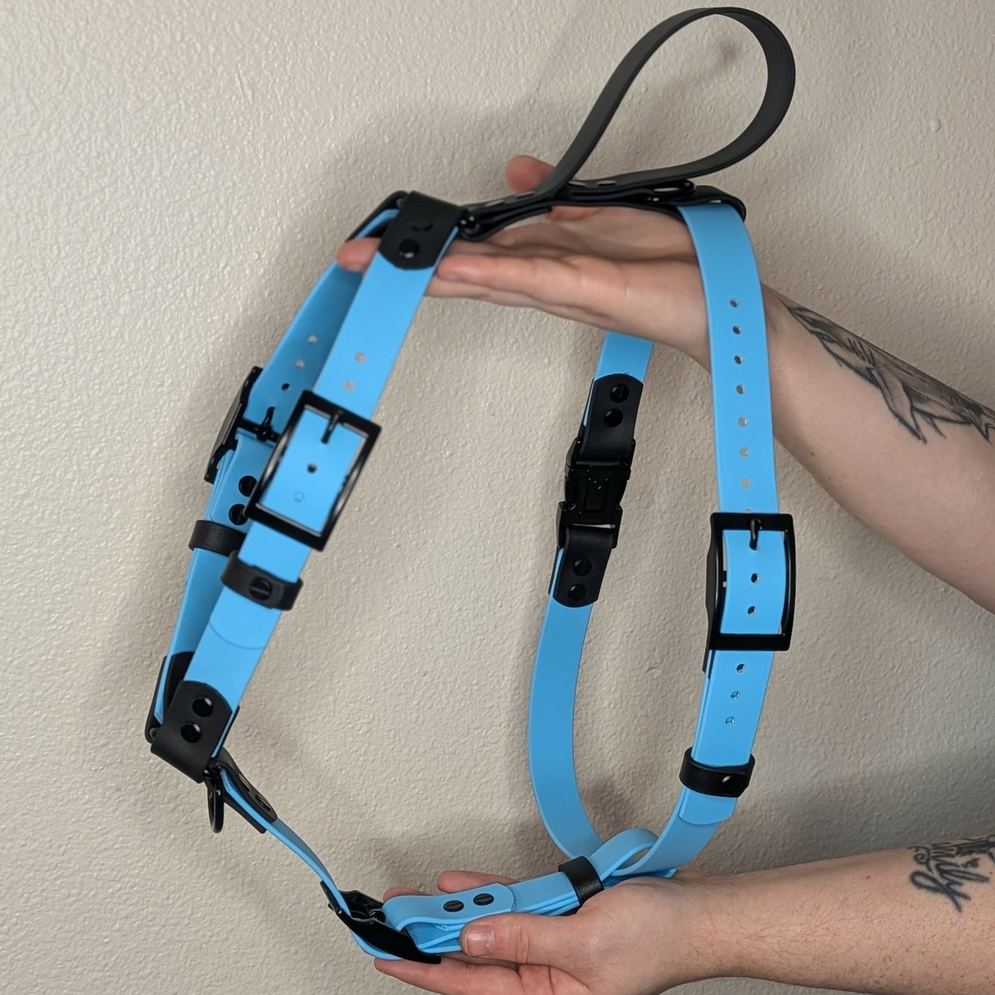 custom light blue and black biothane dog harness with tactical handle