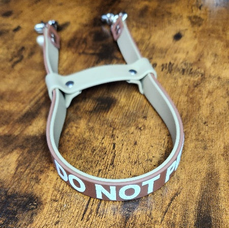 custom text on brown and tan layered biothane pull strap