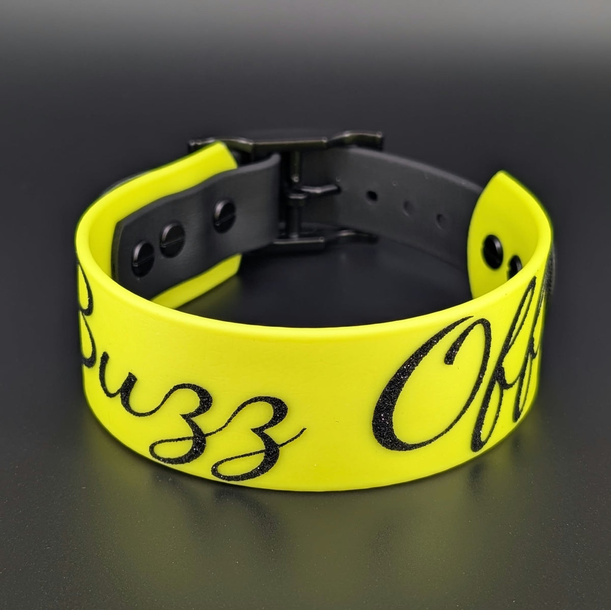 custom yellow and black tapered biothane dog collar with personalized text