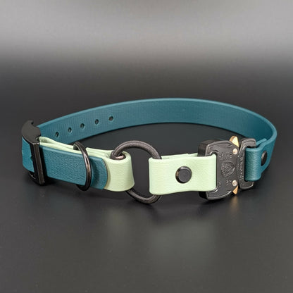 dark and light green biothane e-collar strap with bungee and quick release cobra buckle