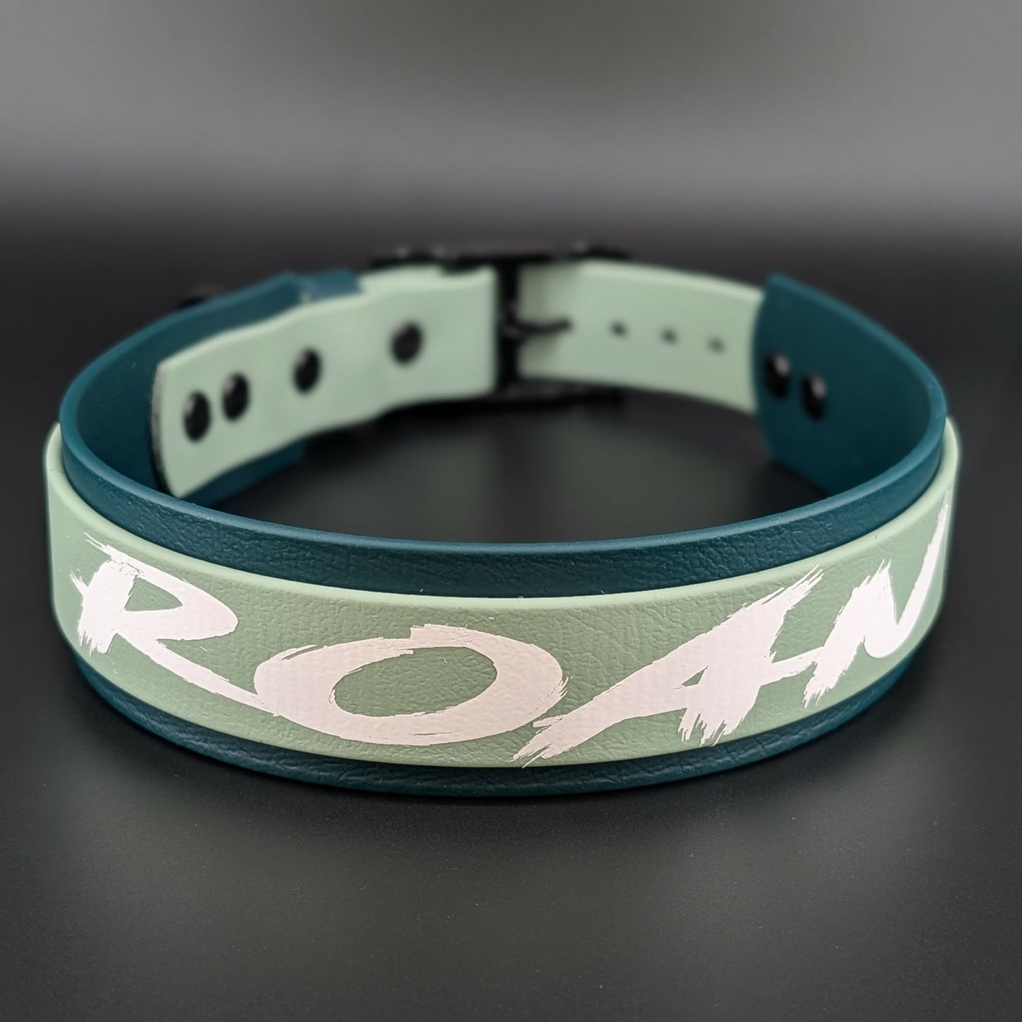 dark and sage green layered biothane dog collar with custom text reading roan