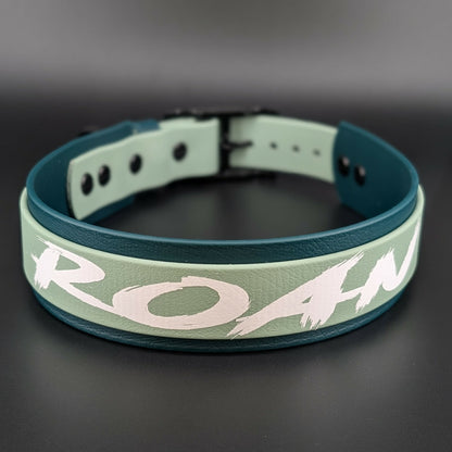dark and sage green layered biothane dog collar with custom text reading roan