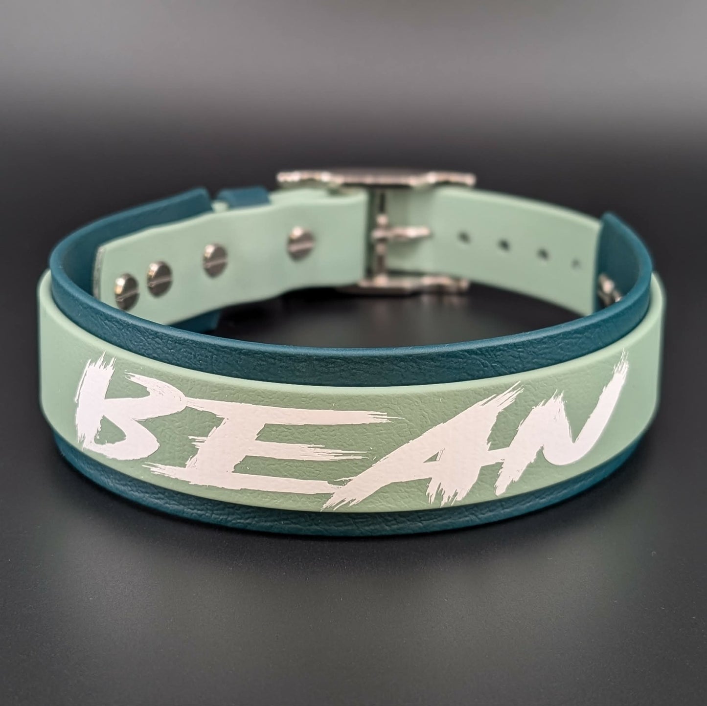 dark and sage green layered biothane dog collar with personalized text reading bean