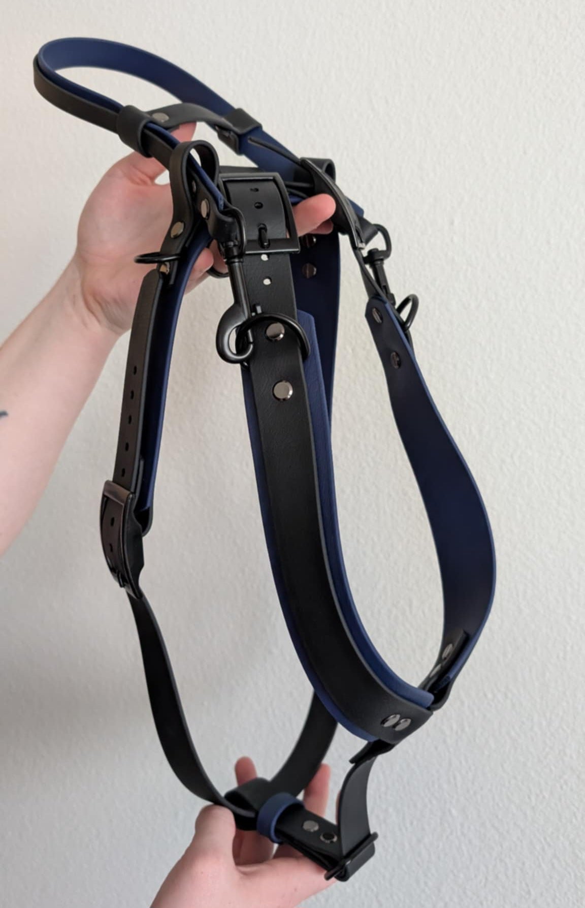 dark blue and black biothane y-front service dog harness with detachable pull strap