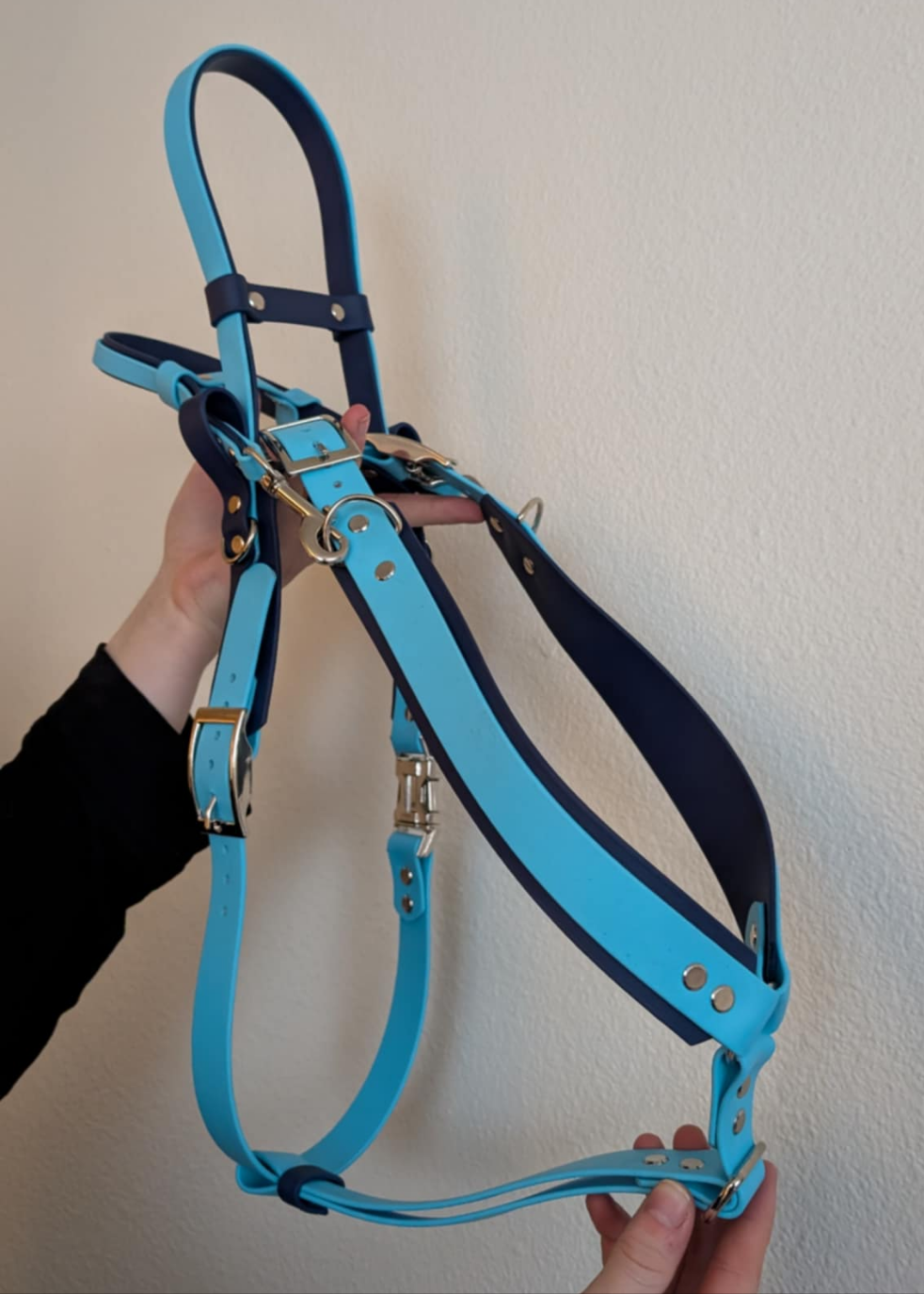 dark blue and light blue biothane y-front service dog harness with built-in counterbalance handle and detachable pull strap