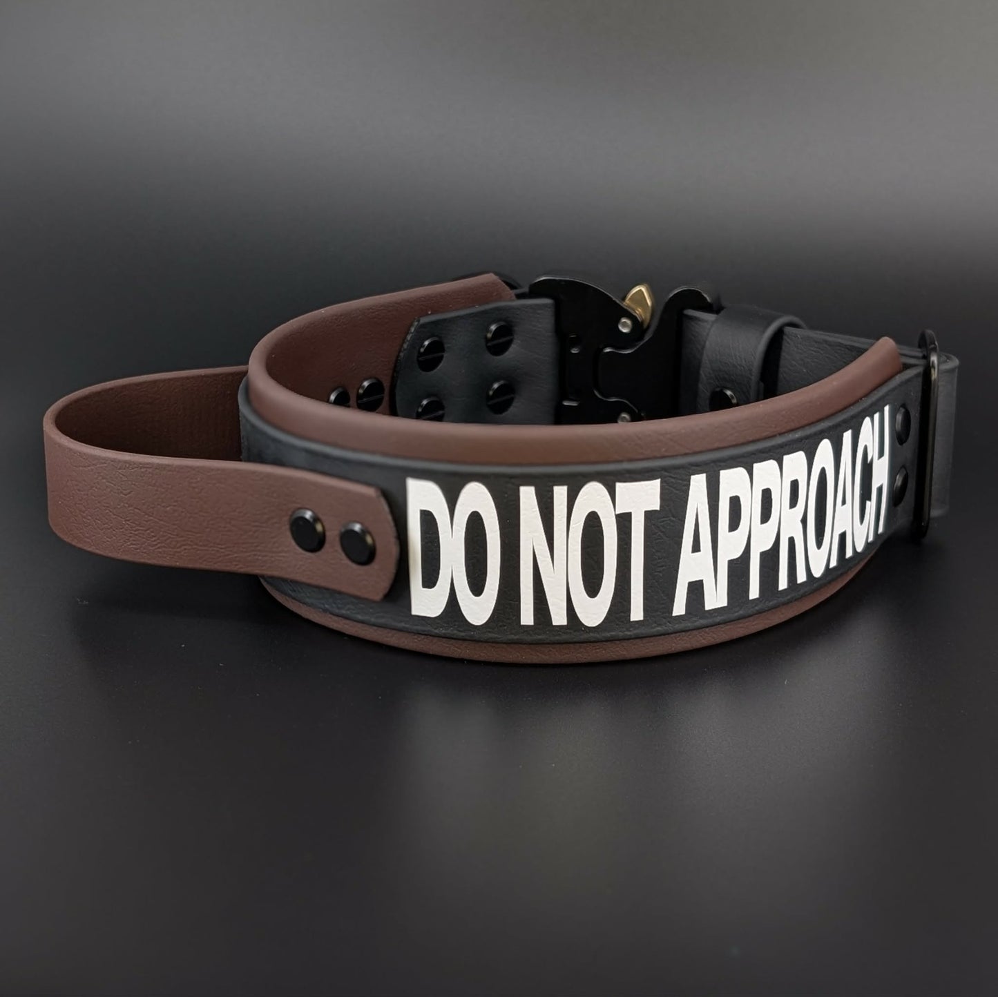 dark brown and black layered biothane dog collar with tactical handle and quick release cobra buckle