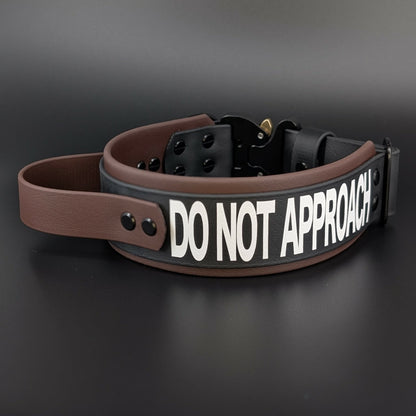 dark brown and black layered biothane dog collar with tactical handle and quick release cobra buckle