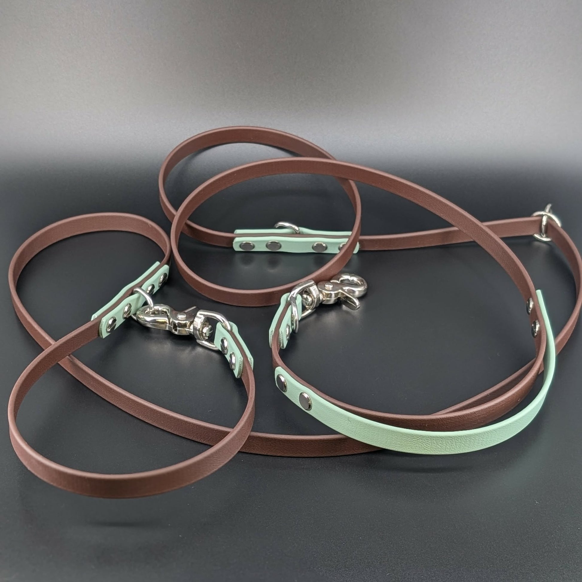 dark brown and sage green biothane convertible hands free dog leash