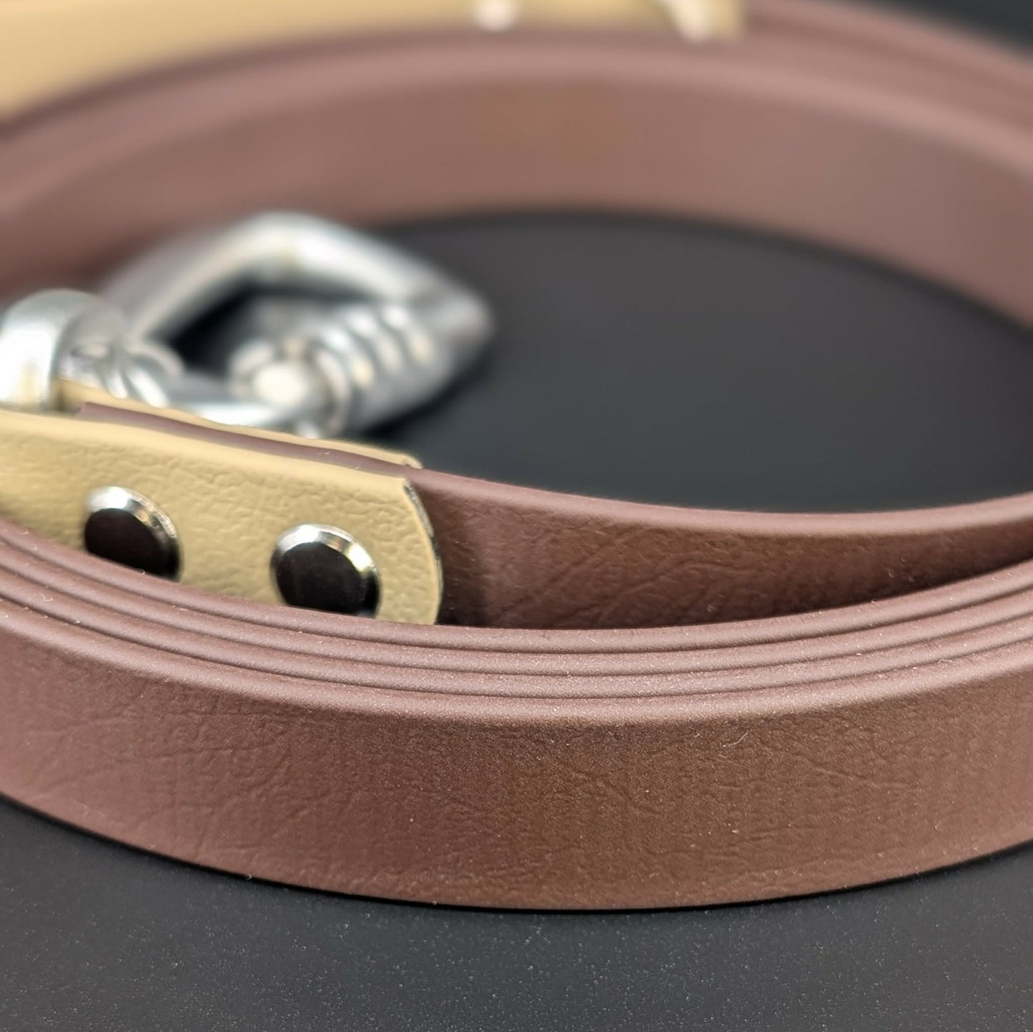 dark brown and tan biothane dog lead