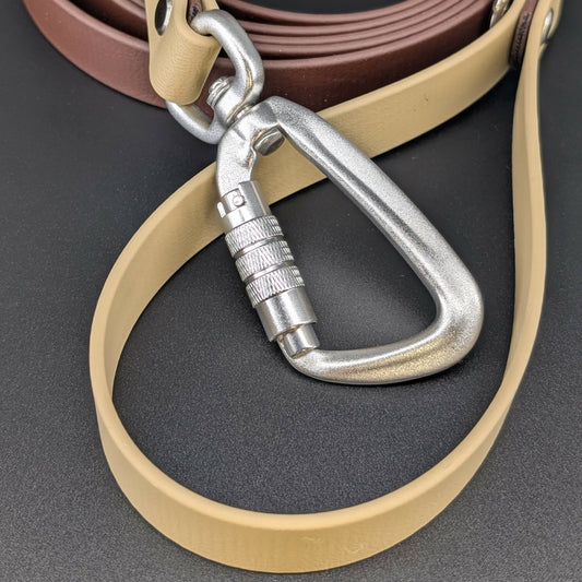 dark brown and tan biothane dog leash silver carabiner