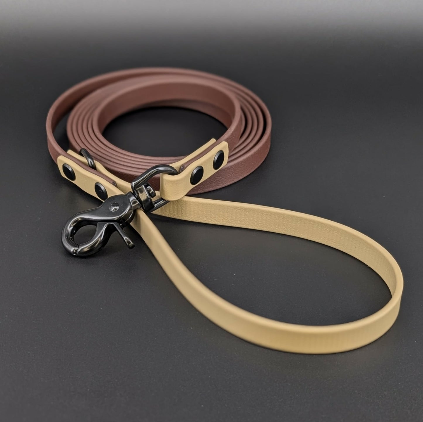 dark brown and tan biothane dog leash with black trigger snap