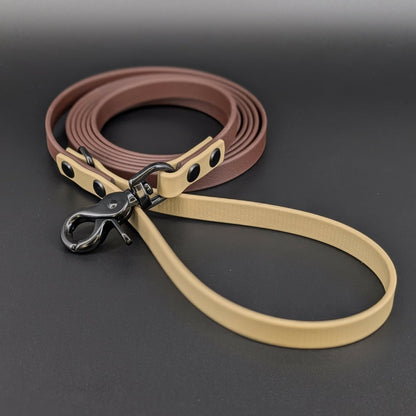 dark brown and tan biothane dog leash with black trigger snap