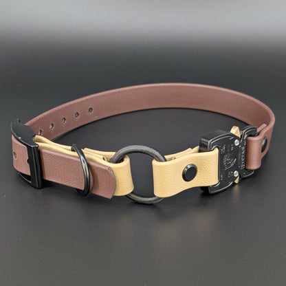 dark brown and tan biothane e-collar strap with bungee and quick release cobra buckle