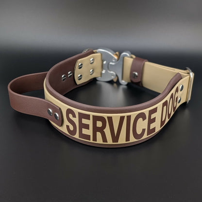 dark brown and tan layered biothane dog collar with tactical handle quick release cobra buckle and service dog text