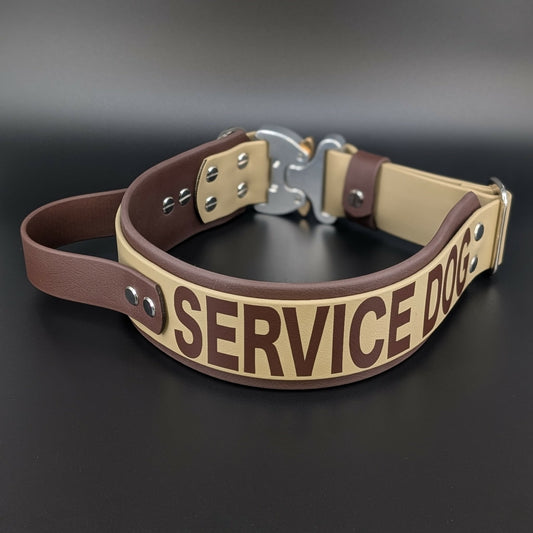 dark brown and tan layered biothane dog collar with tactical handle quick release cobra buckle and service dog text