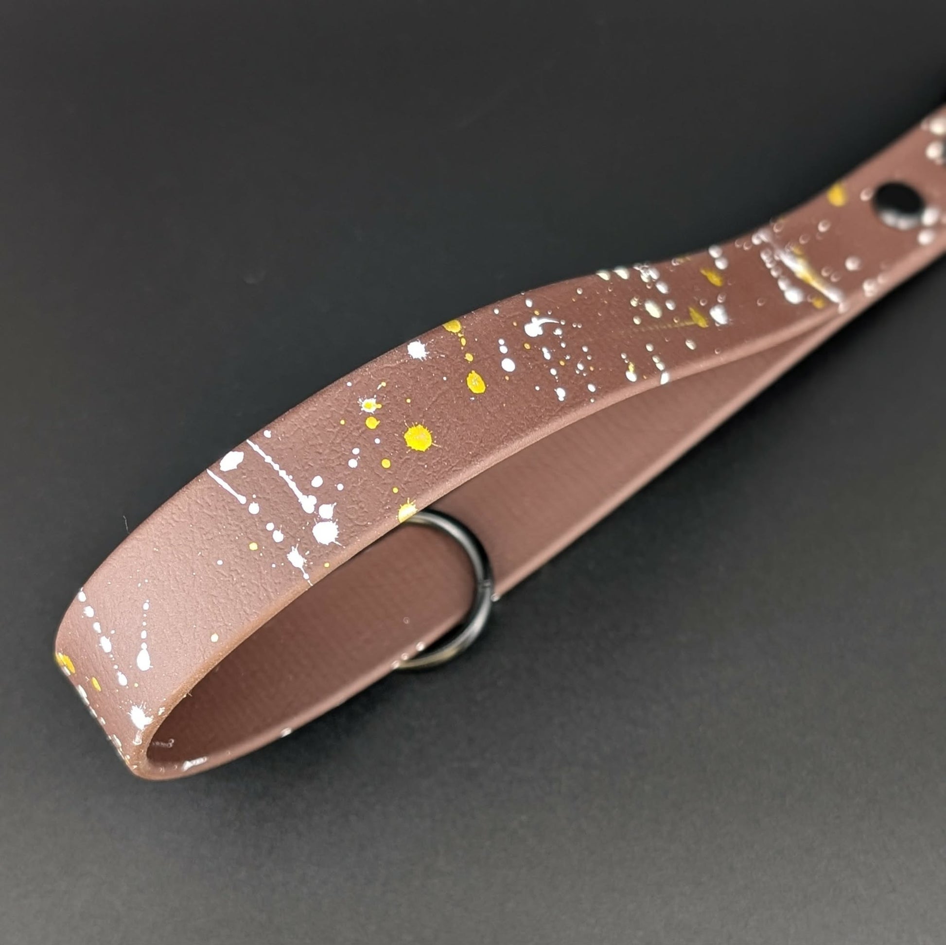 dark brown biothane traffic lead with gold and white splatter paint