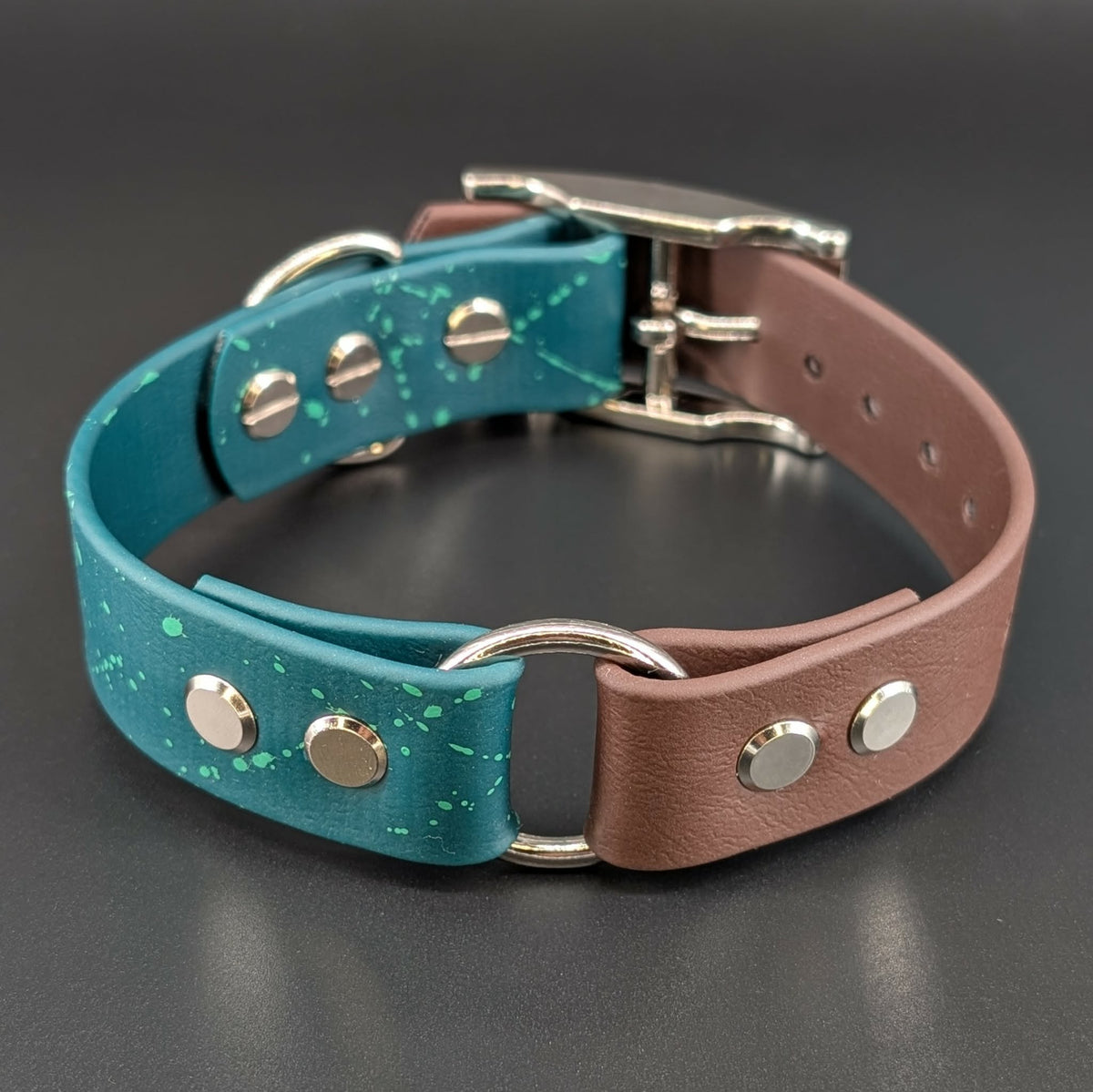 dark green and dark brown biothane dog collar with splatter paint