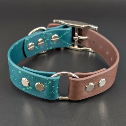 dark green and dark brown biothane dog collar with splatter paint