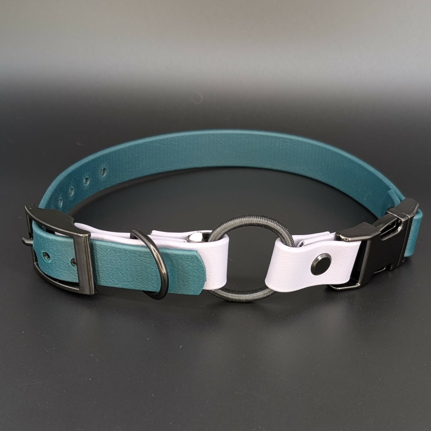 dark green and gray biothane e-collar strap with bungee and quick release buckle