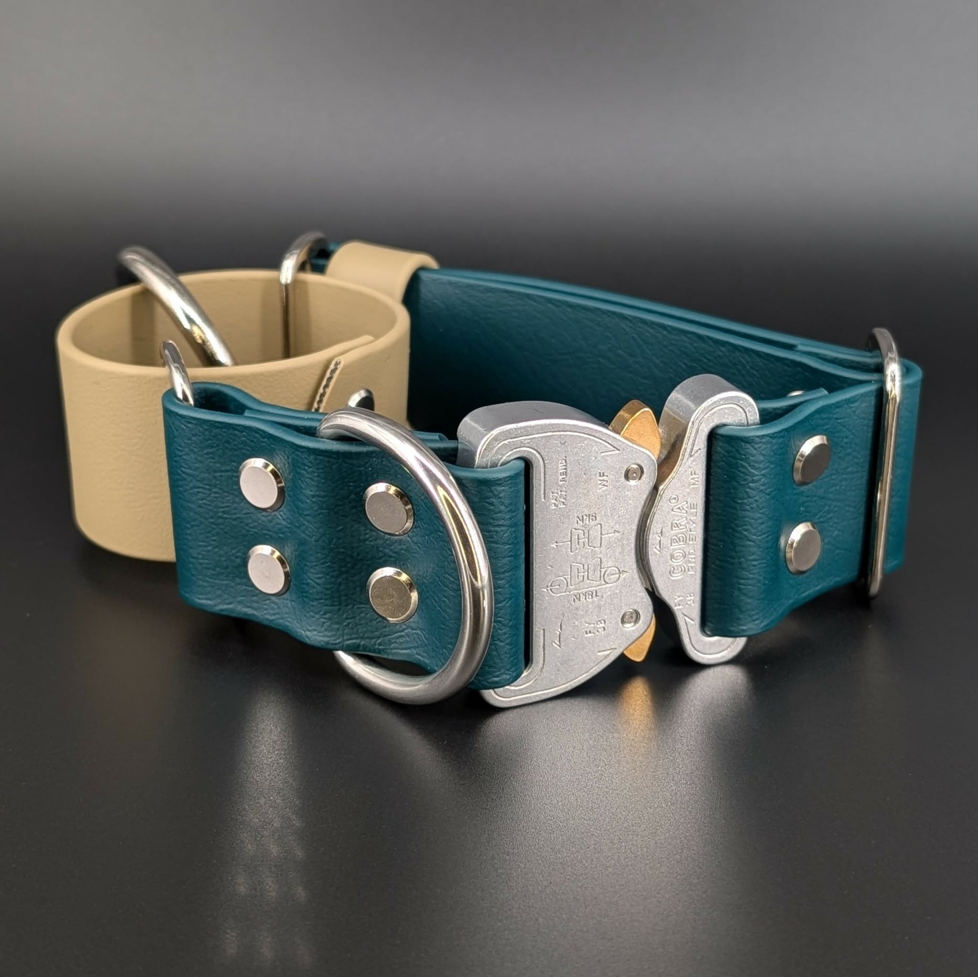 dark green and tan biothane martingale dog collar with quick release cobra buckle