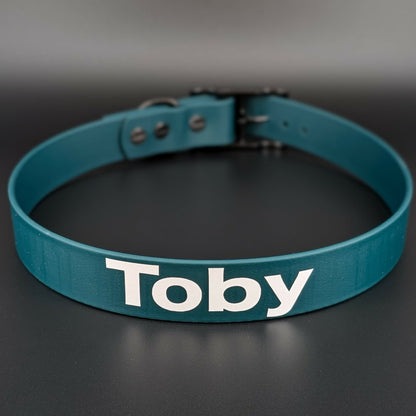 dark green biothane dog collar with custom text