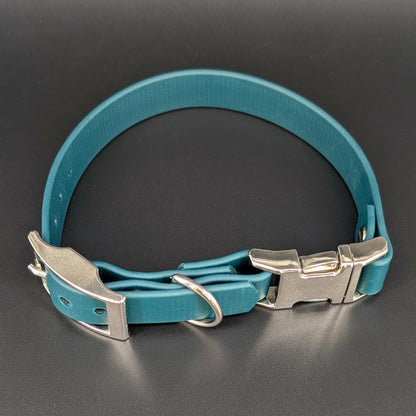 dark green biothane e-collar strap with quick release buckle