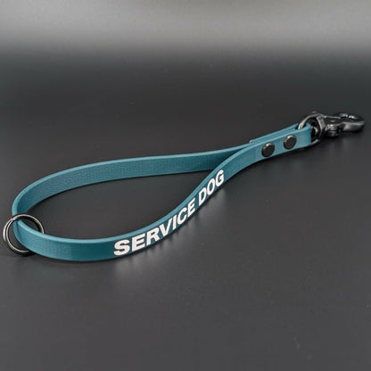 dark green biothane traffic handle with black hardware and white service dog text