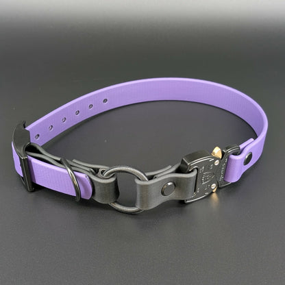 dark purple and black biothane e-collar strap with bungee and quick release cobra buckle