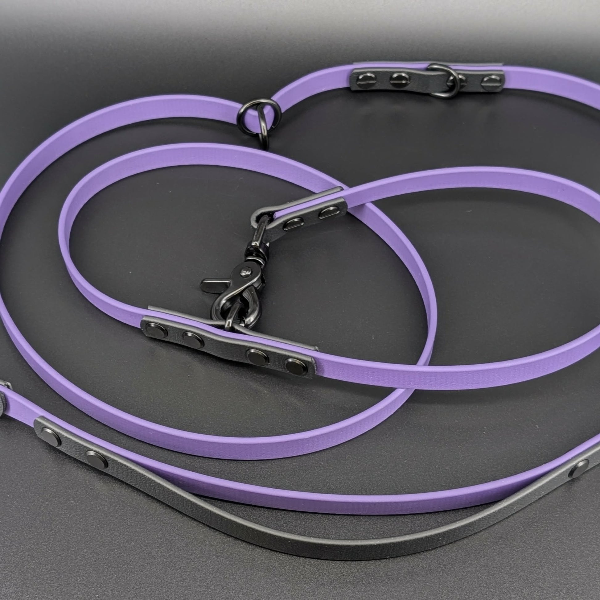 dark purple and black biothane hands free dog leash with built-in traffic handle and adjustable waist attachment point